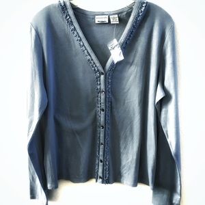 XL Sutton Studio Sweater LS Baby Blue Cotton Ruffle V neck Button up NWT